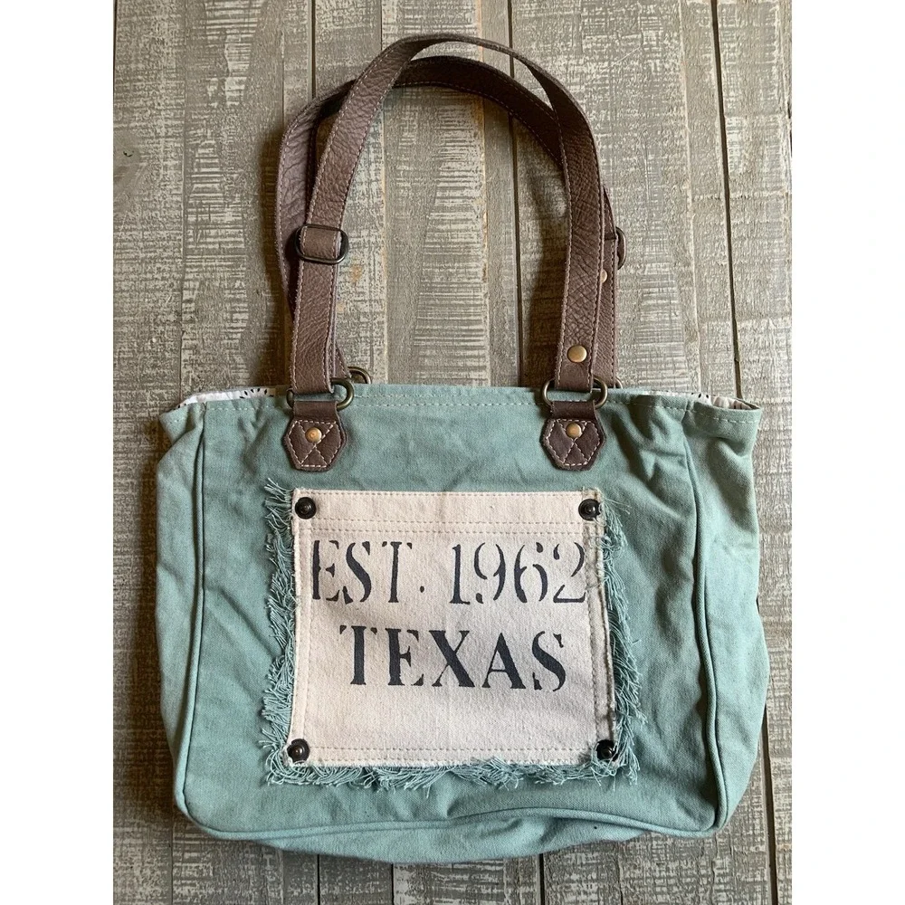 Myra Bag Small Turquoise Canvas Leather Texas EST. 1962 Up-cycled Tote Handbag